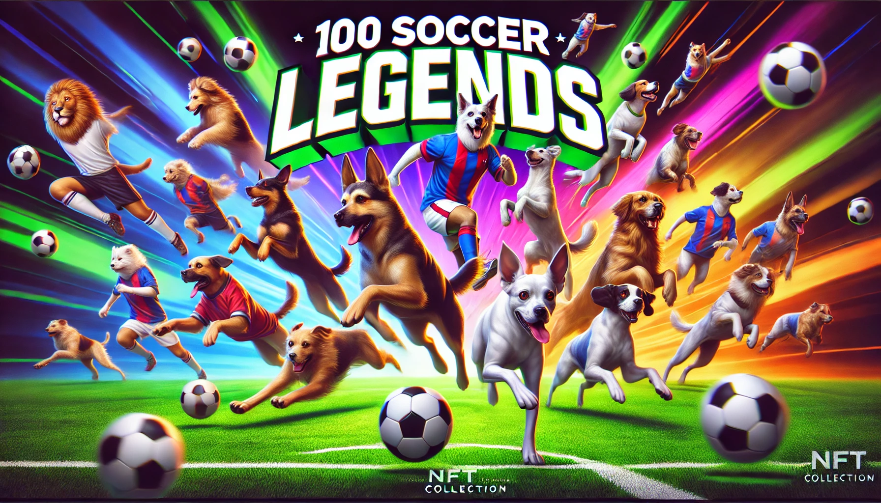 100 Soccer Legends NFT Collection featuring iconic soccer players reimagined as playful and dynamic dog characters.