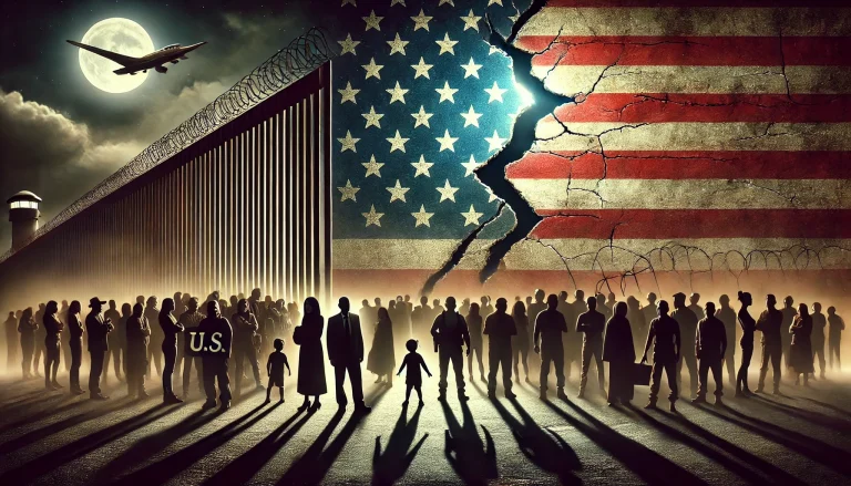 A cracked U.S. flag symbolizing division, with silhouettes of diverse people on one side and a towering wall with barbed wire on the other.