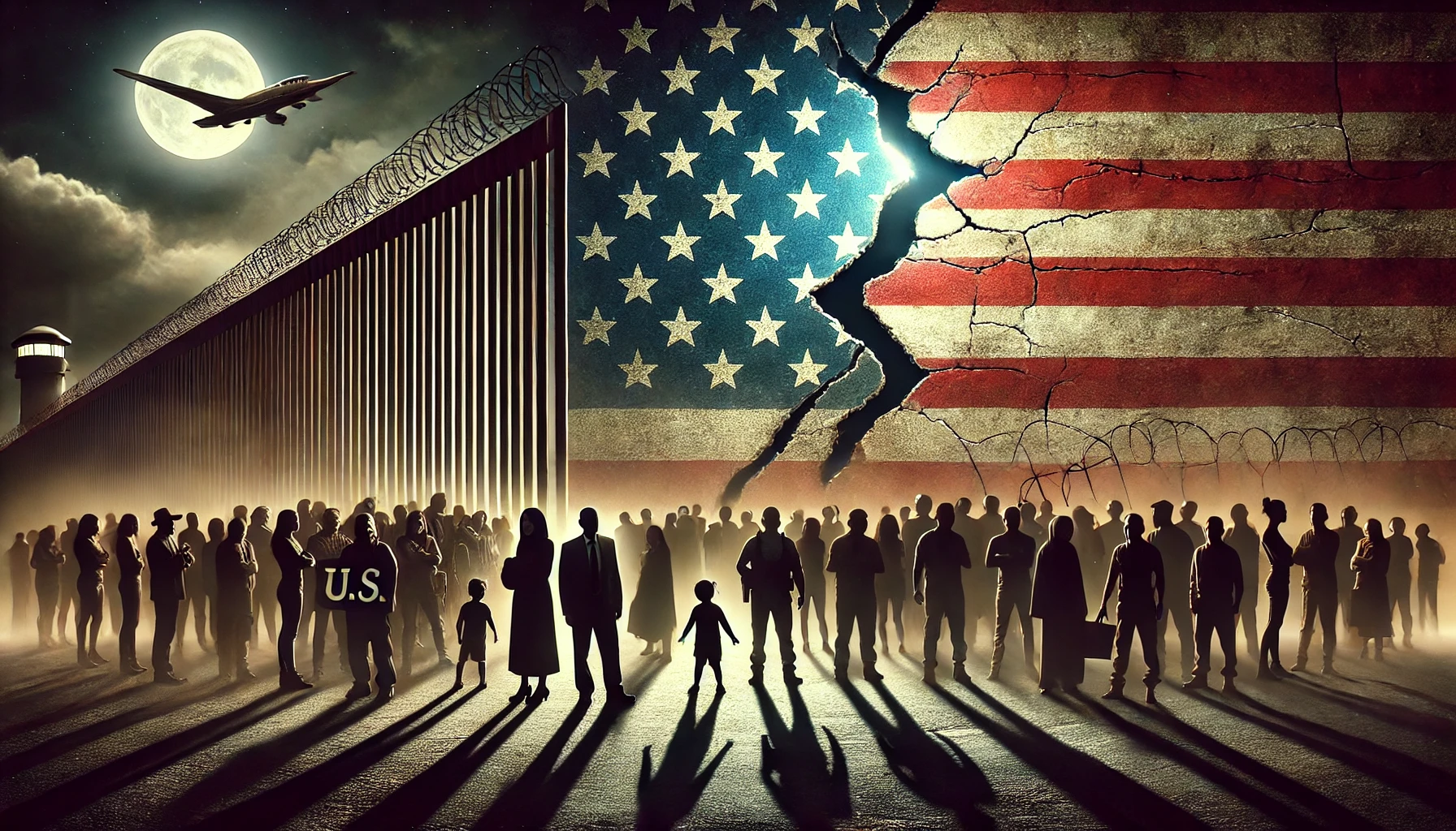 A cracked U.S. flag symbolizing division, with silhouettes of diverse people on one side and a towering wall with barbed wire on the other.