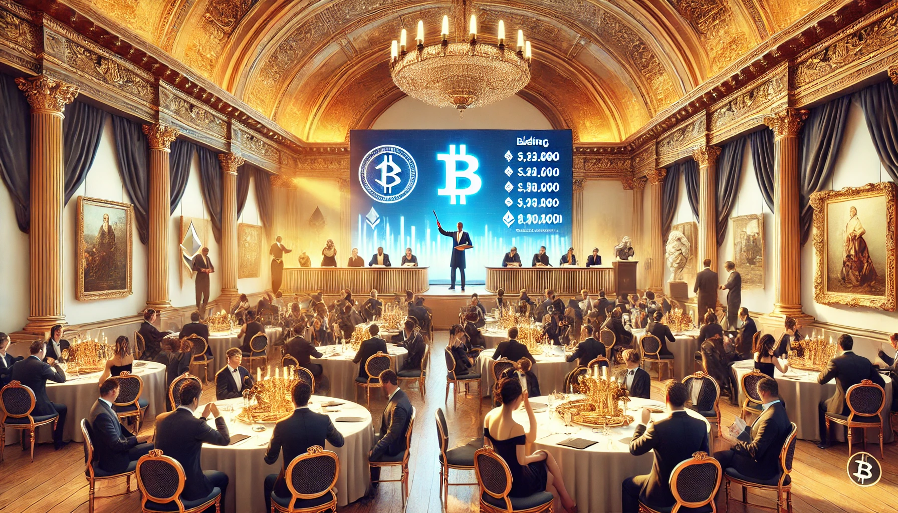 An elegant auction house integrating cryptocurrency payments for luxury items and art.