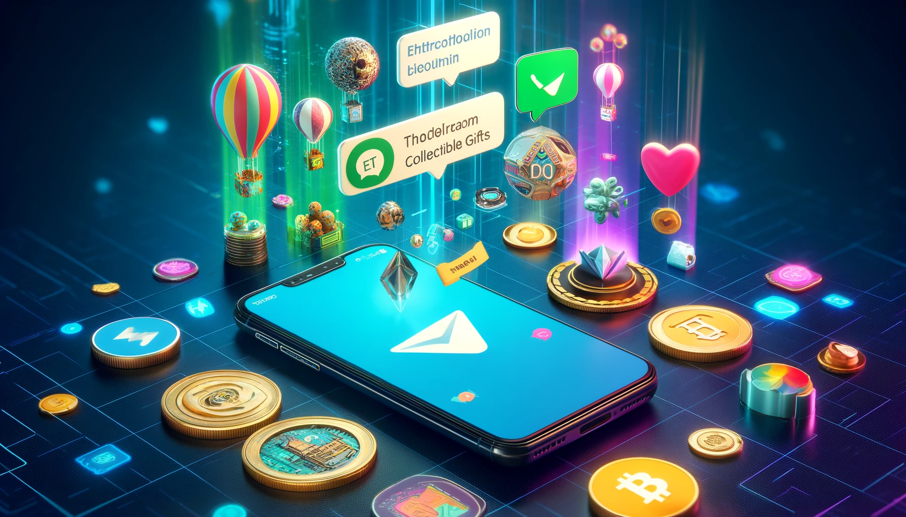 A vibrant illustration of Telegram's NFT-enabled collectible gifts showcasing digital assets and blockchain integration.