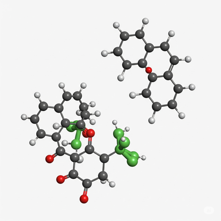 A 3D model of a complex organic molecule, featuring multiple interconnected rings and chains, with atoms shown in various colors, characteristic of a potential drug compound.